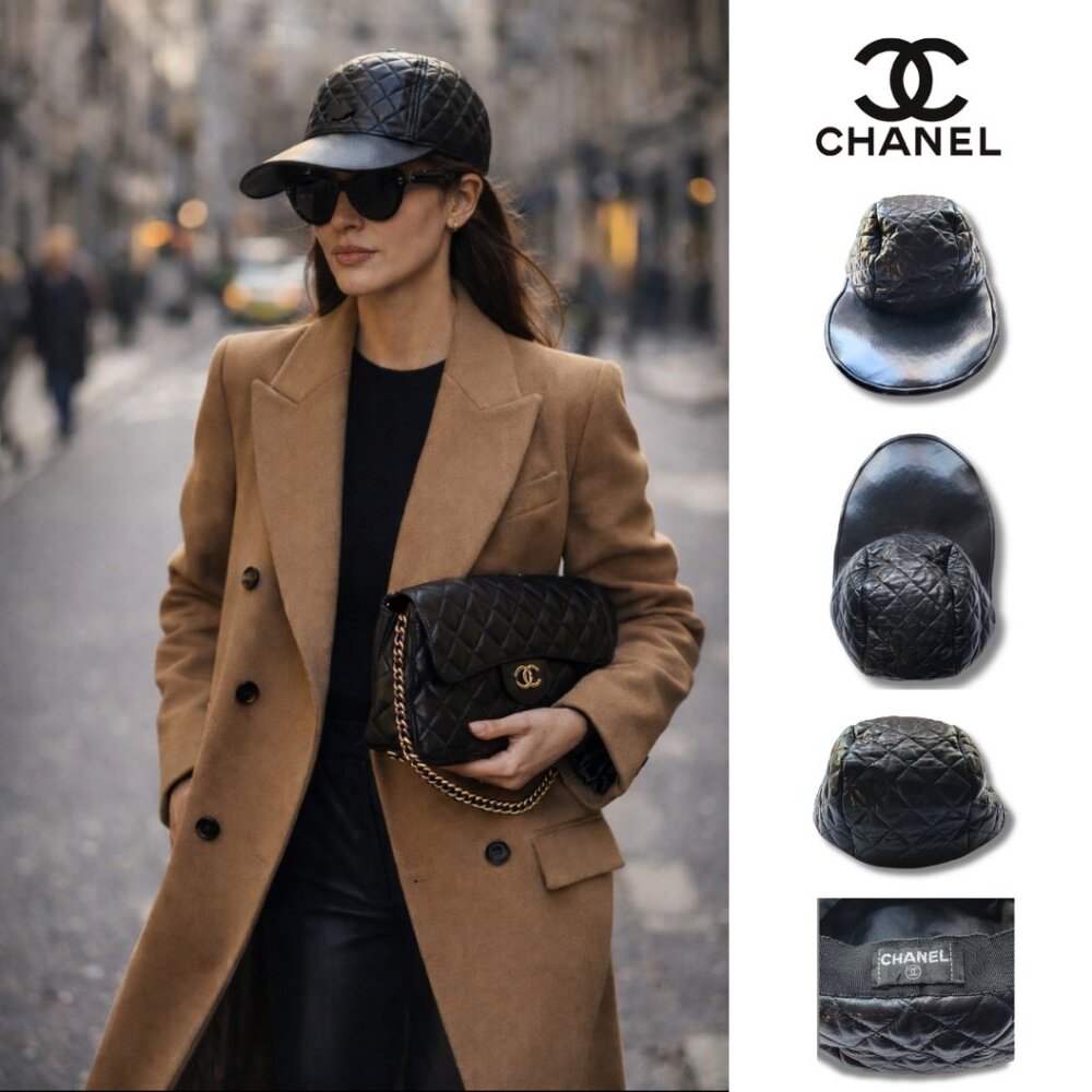 CHANEL Black Lambskin Leather Quilted Baseball Cap Hat Long Bill Vintage